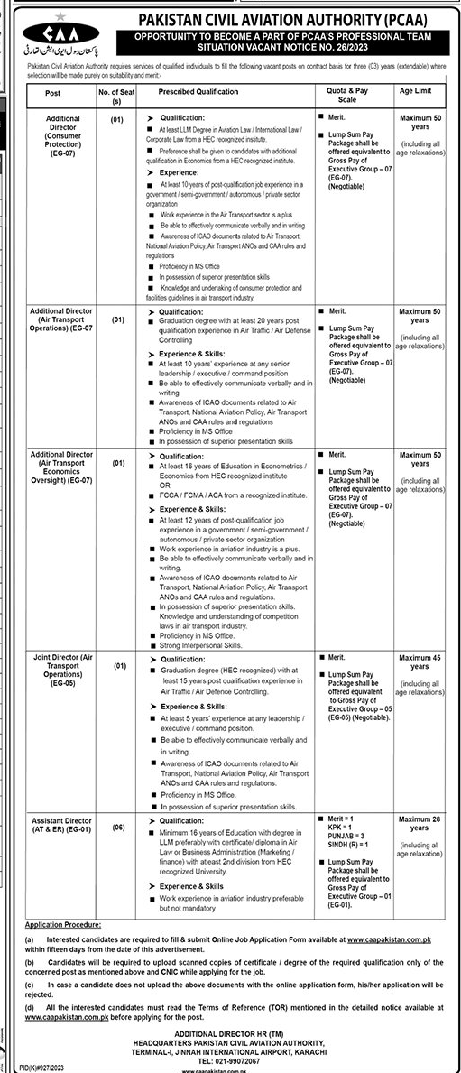 Assistant, Joint and Additional Directors Vacancies in Pakistan Civil Aviation Authority (PCAA)