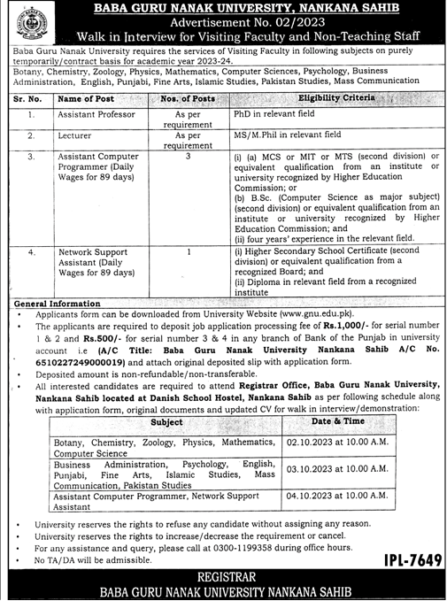 Baba Guru Nanak University (BGNU) Nankana Sahib Latest Vacancies 2023