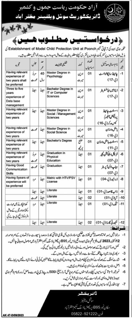 BPS-01 to BPS-17 Vacancies in Social Welfare Department AJK