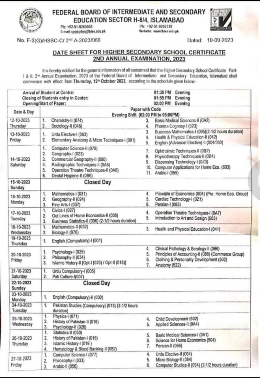 FBISE HSSC-I & HSSC-II Datasheet 2nd Annual Examination 2023 