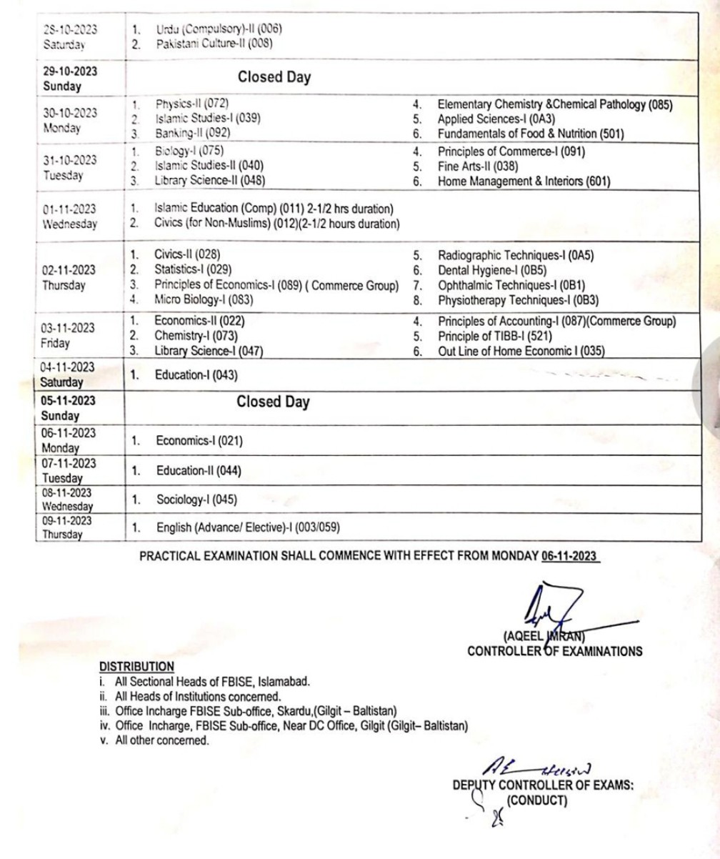 Intermediate HSSC-I and HSSC-II 2nd Annual Exams 2023 Date Sheet