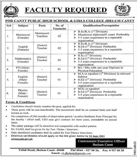 Jobs at Cantt Public High School & Girls College Jhelum