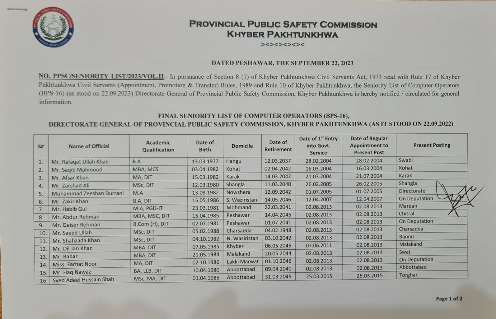 Latest Seniority List 2023 Computer Operators BPS-16 PBSC KP