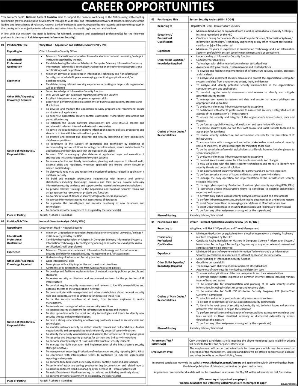 Latest Vacancies in National Bank of Pakistan (NBP)