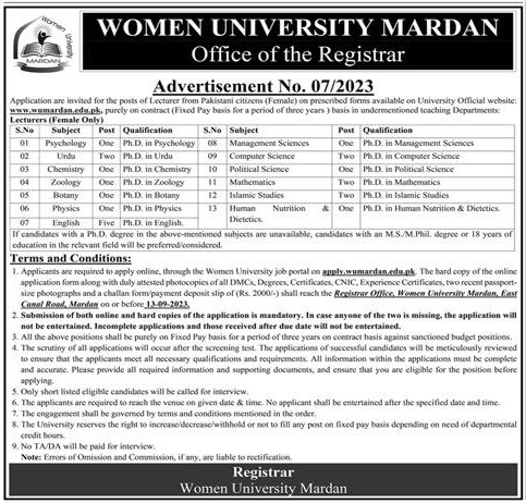 Latest Vacancies in Women University Mardan 2023