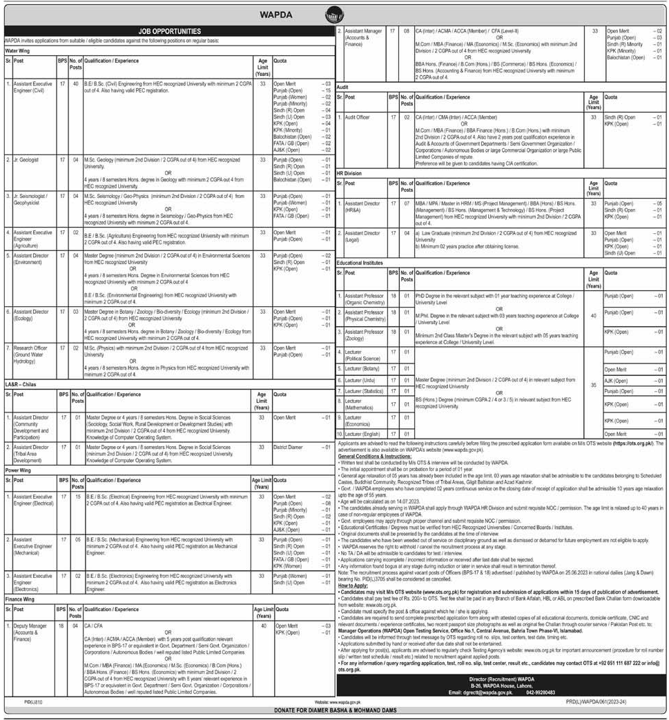 Non-Teaching and Teaching vacancies in WAPDA