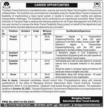 Mass Transit Authority (MTA) Balochistan Vacancies 2023