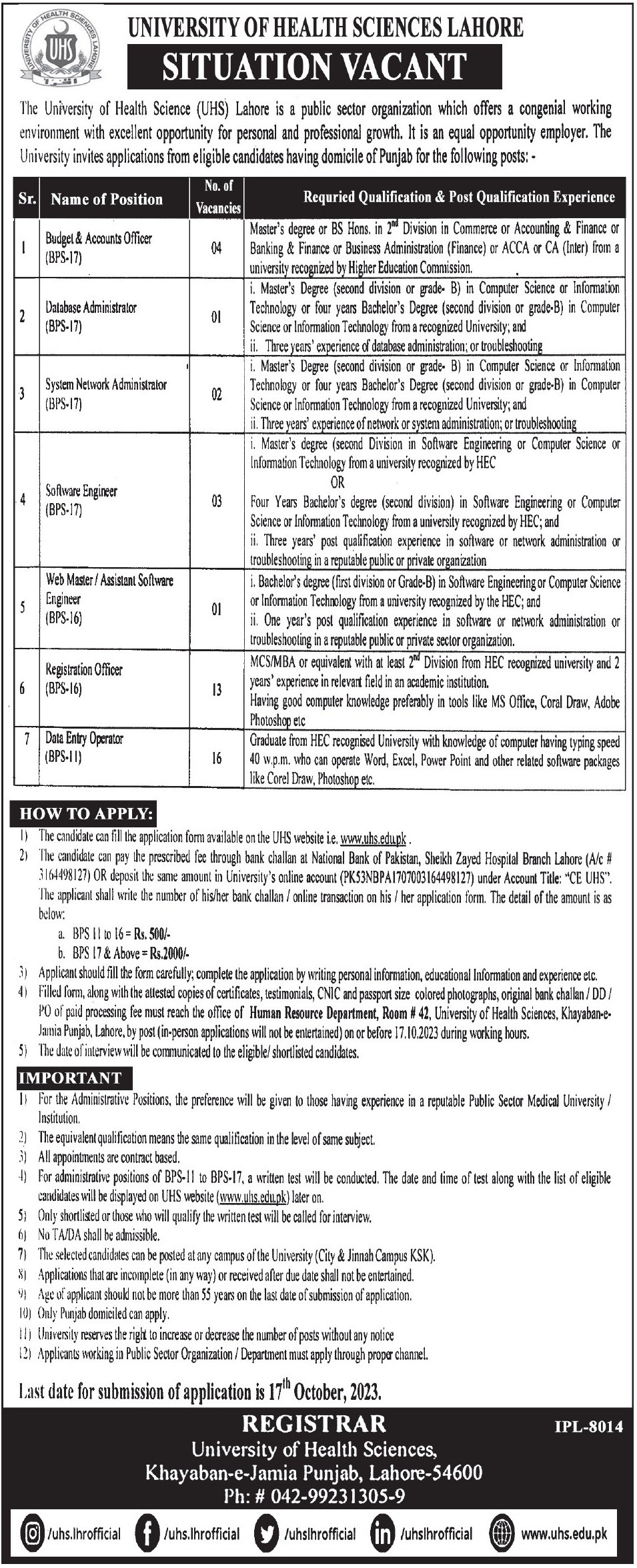 New Non-Teaching Vacancies in university of Health Science Lahore September 2023