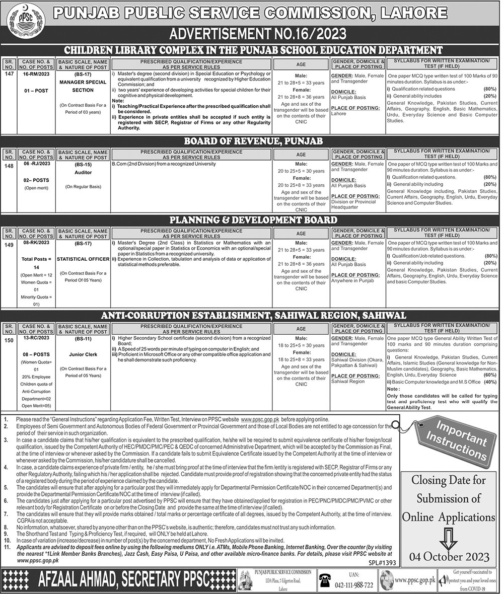 PPSC BPS-11 to BPS-18 Vacancies Ad No. 16 / 2023