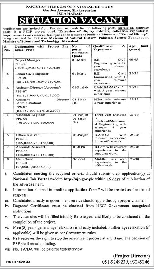 Pakistan Museum of Natural History Vacancies Sep 2023