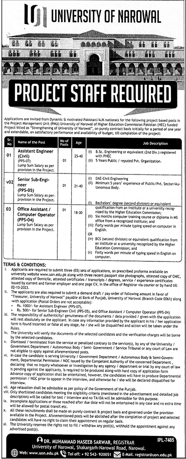 Project Basis Vacancies in University of Narowal