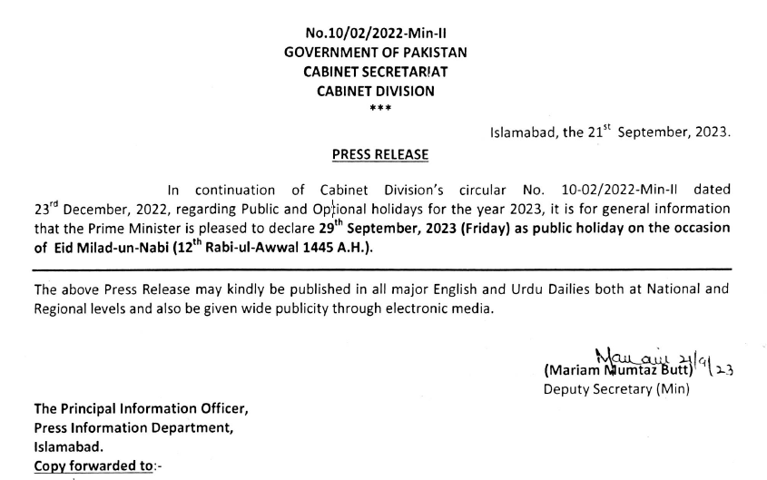 Notification Eid-Milad-un-Nabi Holiday on 29 Sep 2023 Friday