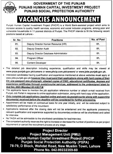 Punjab Social Protection Authority (PSPA) Announces New Vacancies 2023