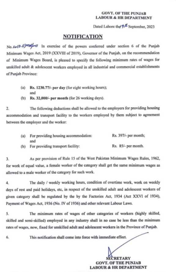 Recommendations of Minimum Wages Punjab 2023 for Unskilled Adult and Adolescent Workers