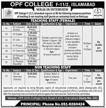 Teaching Non-Teaching Staff Vacancies in OPF Girls College Islamabad