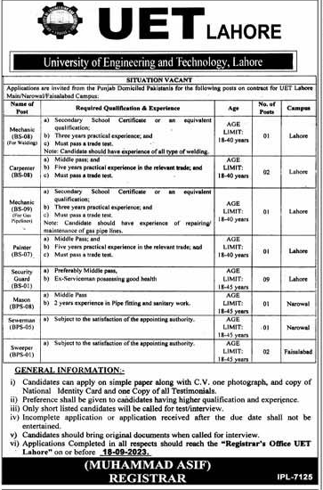 UET Lahore Vacancies September 2023