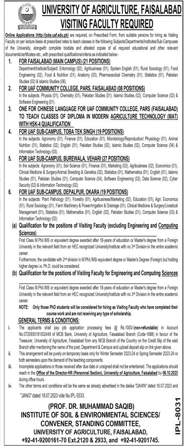 University of Agriculture Faisalabad Vacancies Oct 2023