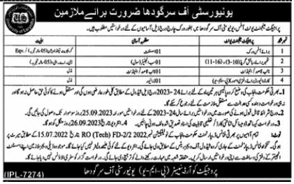 Vacancies in University of Sargodha Sep 2023