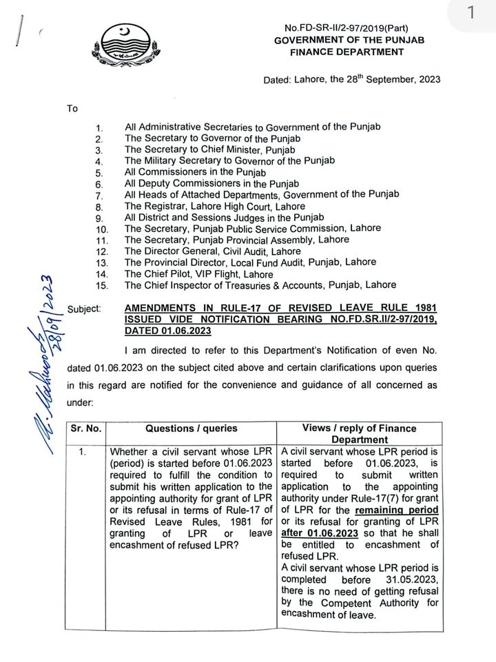 Clarification Revised Leave Rules (Leave Encashment) Punjab 2023