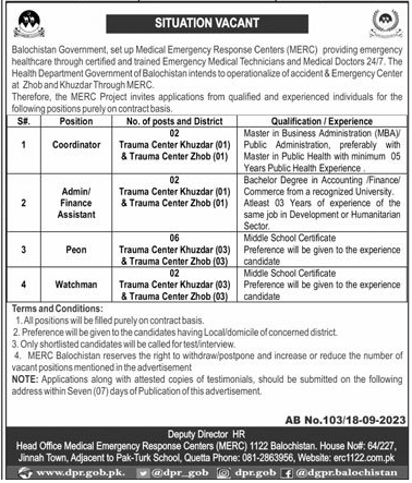 Health Department Rescue 1122 Balochistan Jobs 