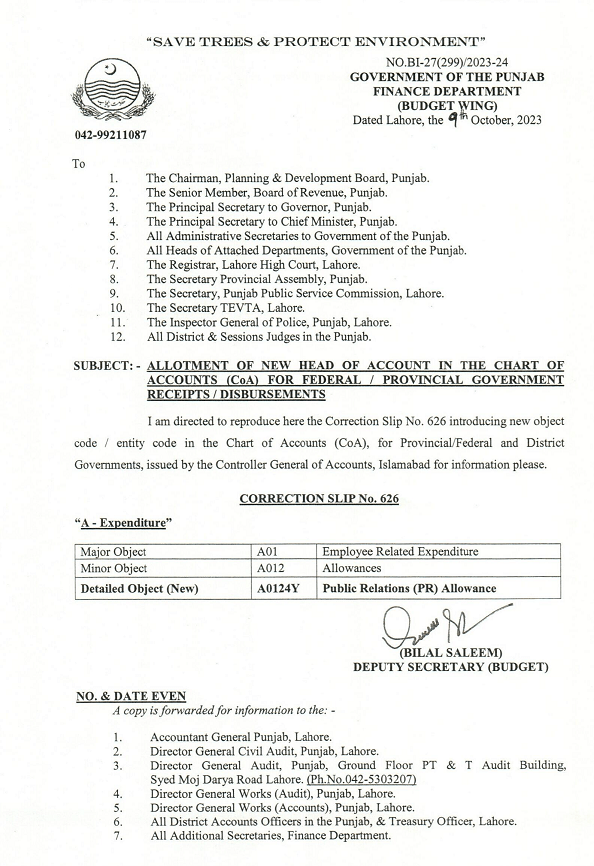 Allotment of New Head of Accounts Public Relations Allowance (PR Allowance)