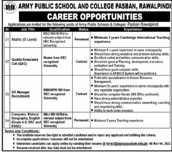 Army Public School & College Rawalpindi Vacancies November 2023