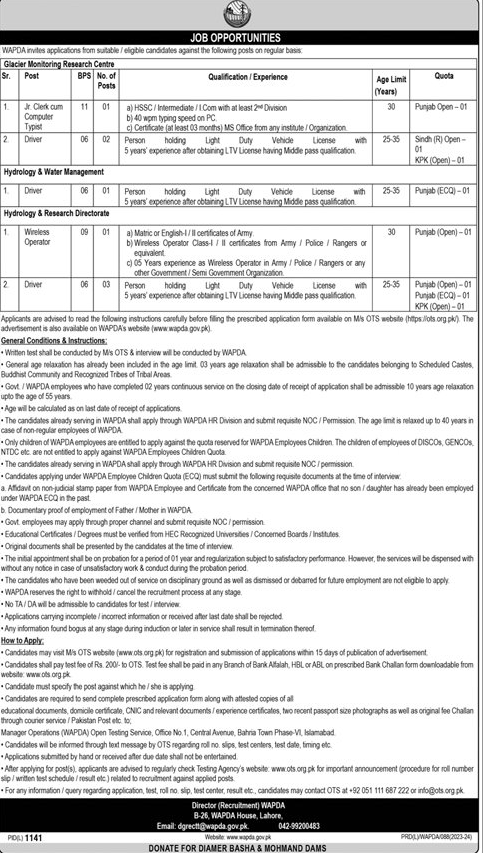 BPS-06 to BPS-11 Vacancies in WAPDA 2023 Through OTS