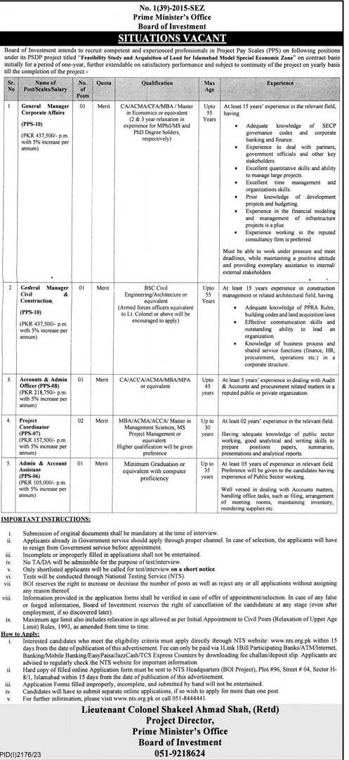 Different Vacancies in Prime Minister’s Office Board of Investment 2023