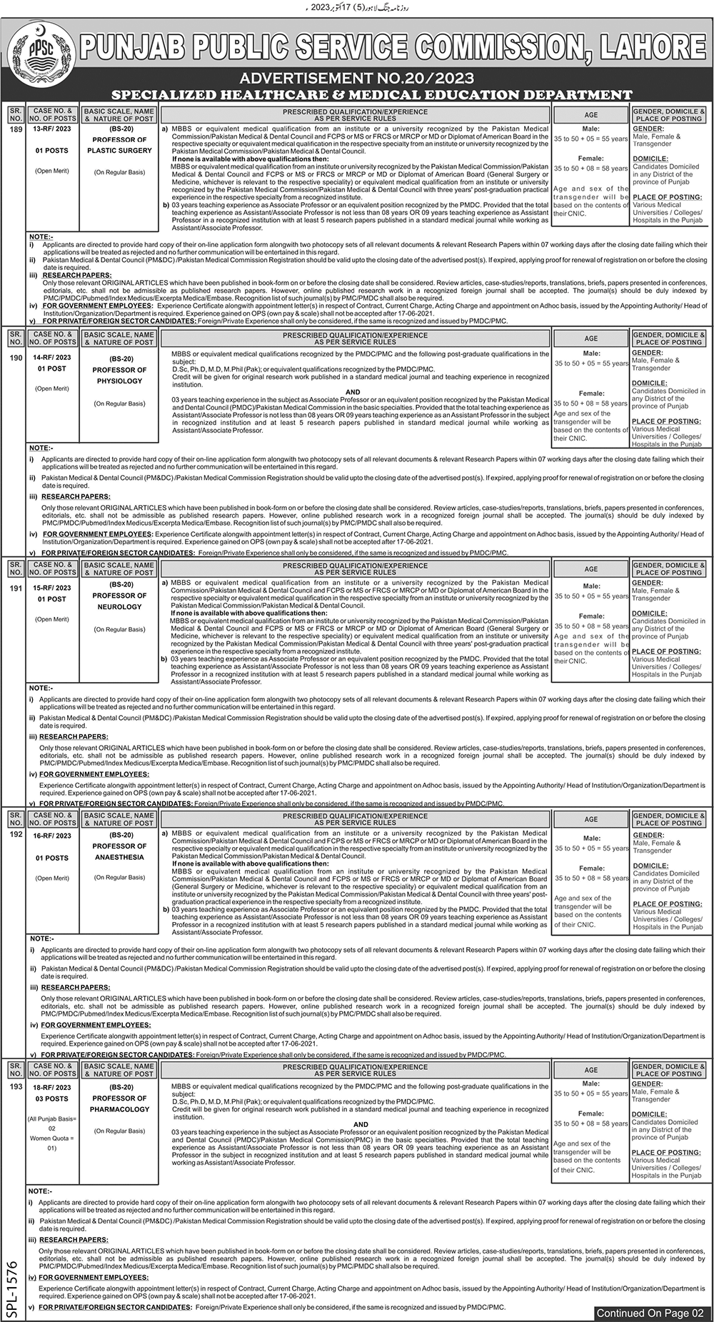 Health Department and Libraries Department Vacancies through PPSC Ad No. 20 / 2023 