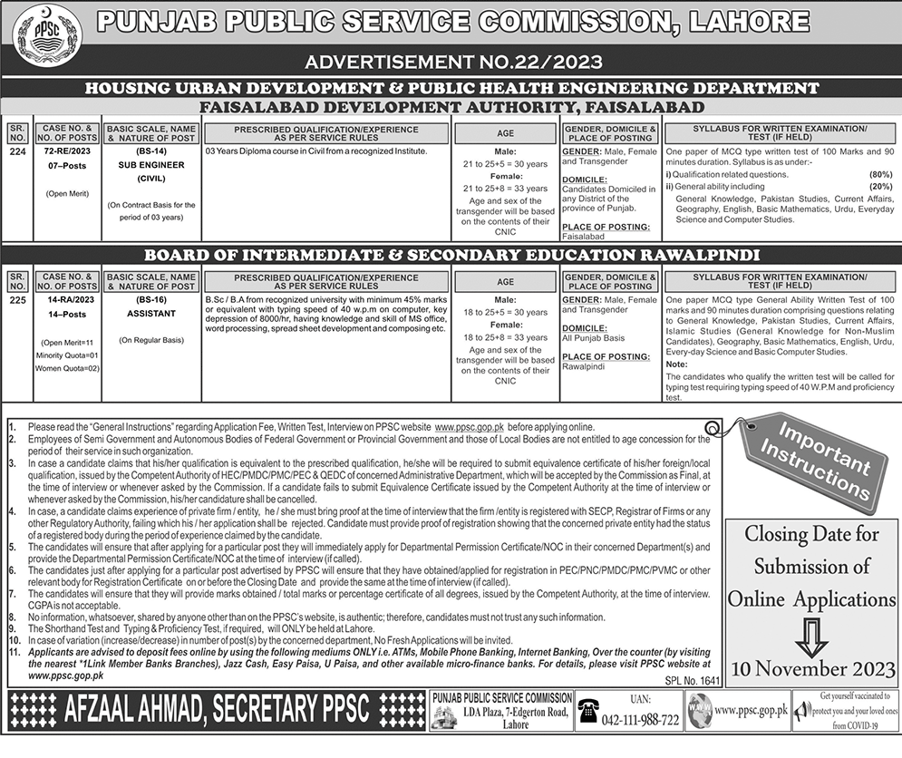 Health Department and Special Education Department Punjab Vacancies through PPSC Ad No. 22 of 2023