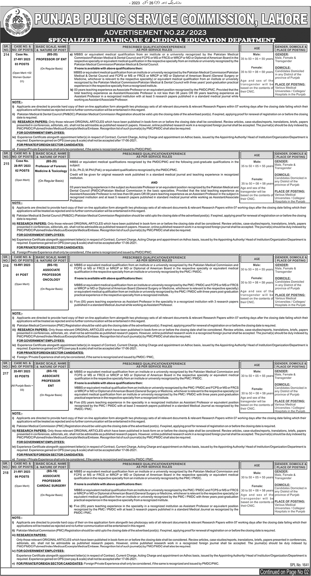 Health Department and Special Education Department Punjab Vacancies through PPSC