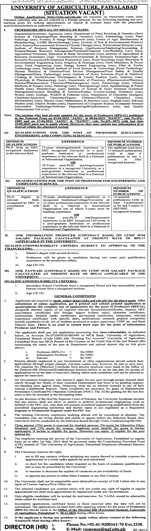 Job Vacancies in University of Agriculture Faisalabad 2023