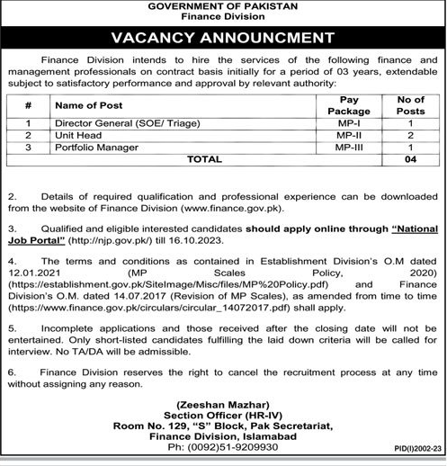 Finance Division of Pakistan Latest Vacancies 2023