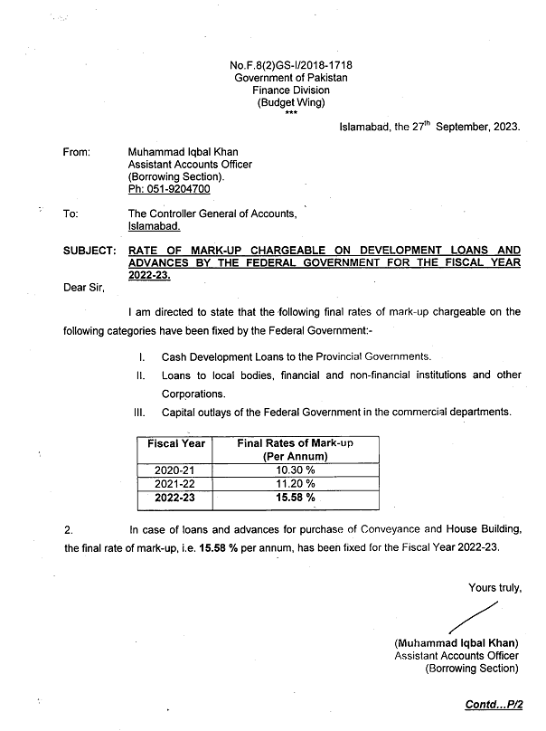 Latest Rates of Mark Up Chargeable on Development Loans and Advances