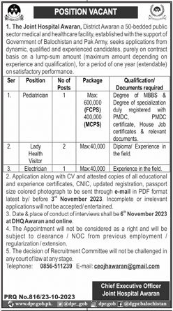 New Vacancies in Joint Hospital Awaran 2023