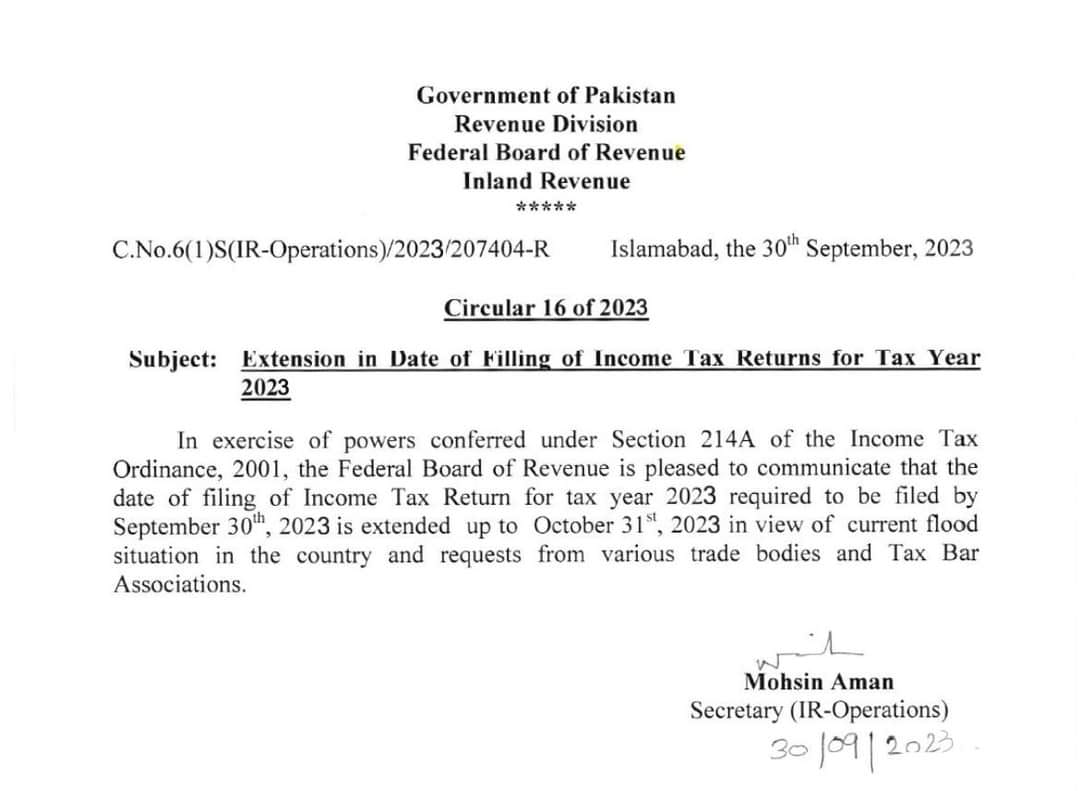 Notification Extension Date Filing Income Tax Returns 2023