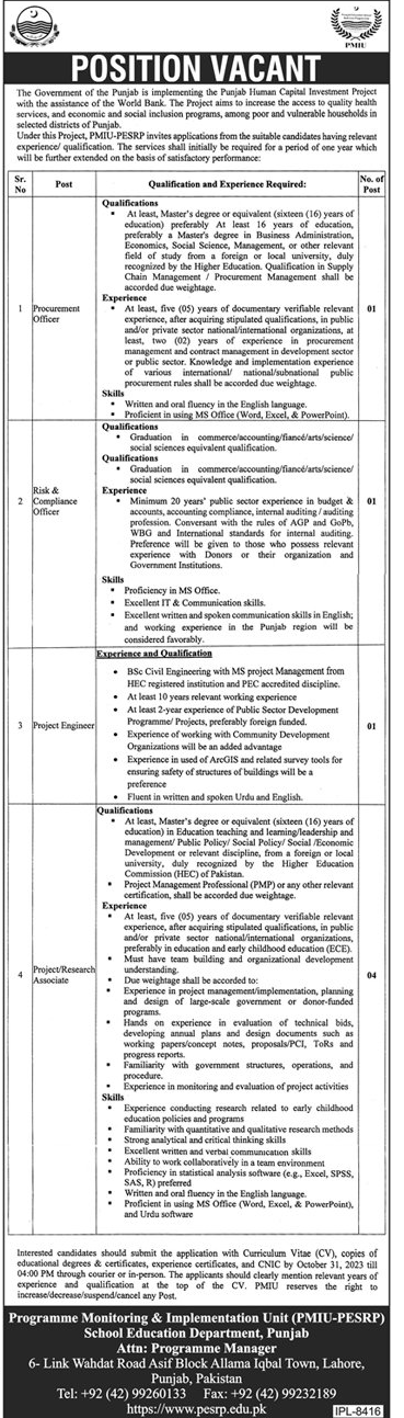 PMIU-PESRP Project Based Vacancies Oct 2023