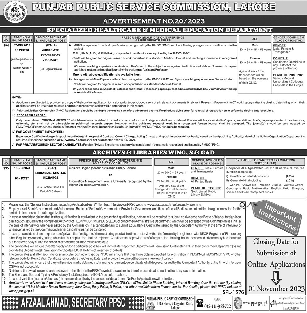 PPSC Jobs in Health Department and Libraries Wing 