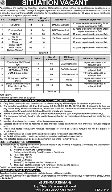 Pakistan Railways Vacancies 2023 for Retired Employees of PR