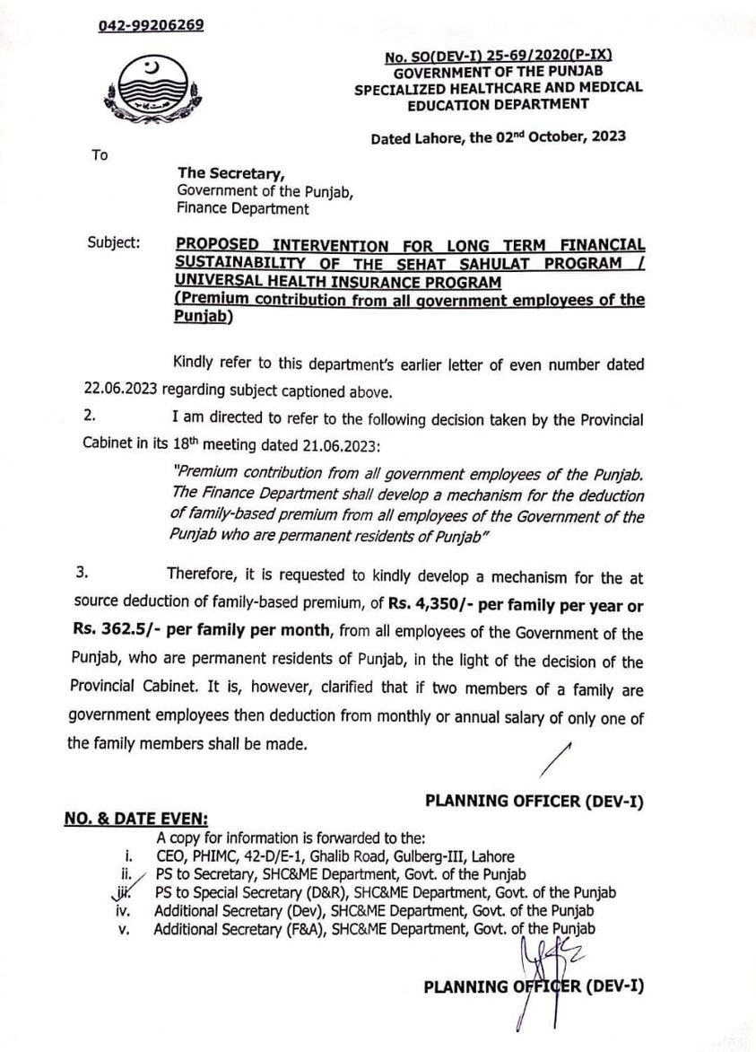 Premium Contribution from All Govt Employees for Sehat Sahulat Program UHI (Punjab)