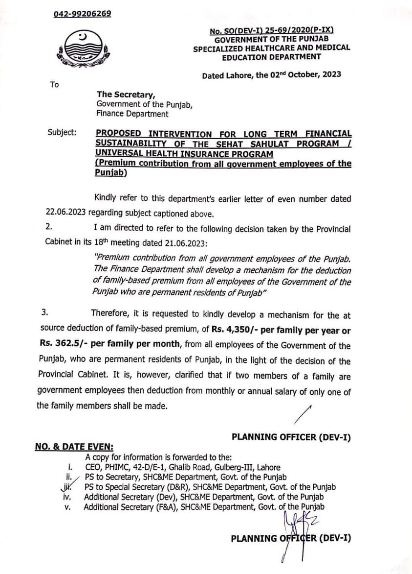 Premium Contribution from All Govt Employees for Sehat Sahulat Program UHI (Punjab)