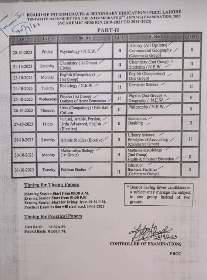 Punjab Education Boards Date Sheet Intermediate 2023 second annual