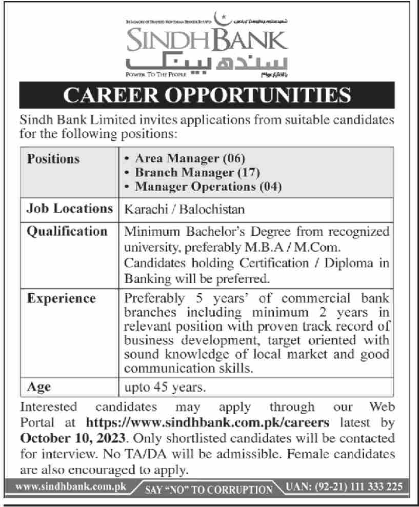 Sindh Bank Limited Vacancies 2023