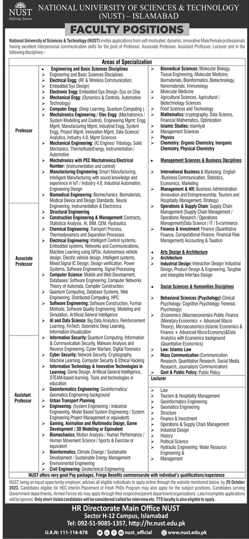 Teaching Vacancies in NUST Islamabad 2023