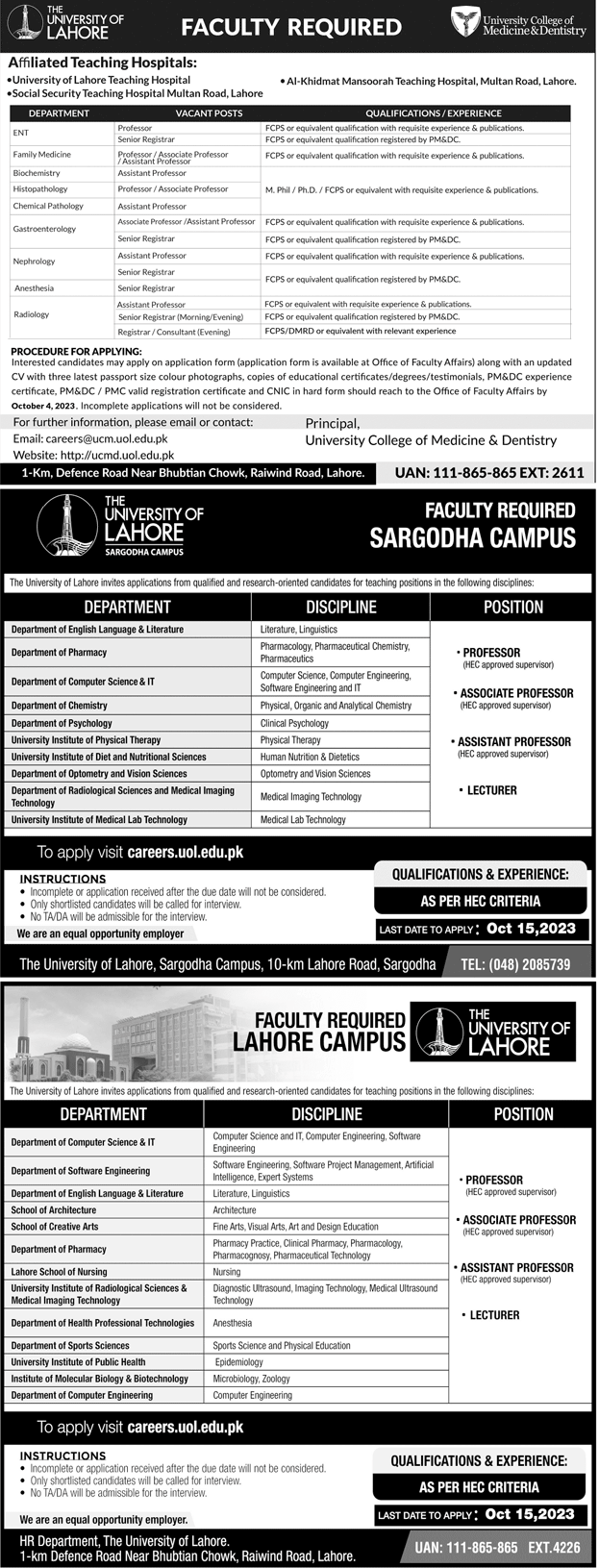 Teaching Vacancies in The University of Lahore 2023