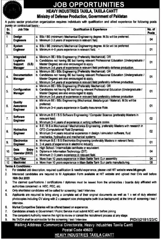 Technical Vacancies in Heavy Industries Taxila (HIT) 2023