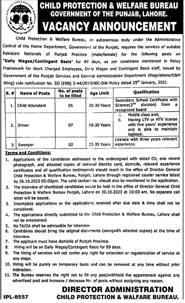 Vacancies of Child Attendant, Driver and Sweepers in CP&WB