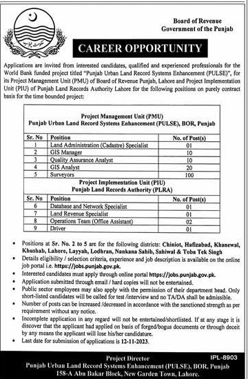 World Bank Funded Project Based Vacancies in Board of Revenue Punjab