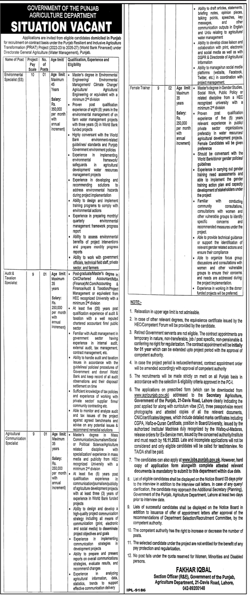 Agriculture Department Punjab New Vacancies 2023