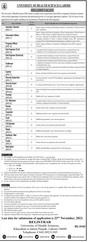 BPS-01 to BPS-17 Jobs in University of Health Sciences